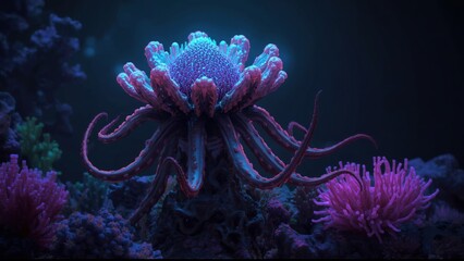 Enchanting Bioluminescent Coral Reef Ecosystem with Tentacled Sea Creature