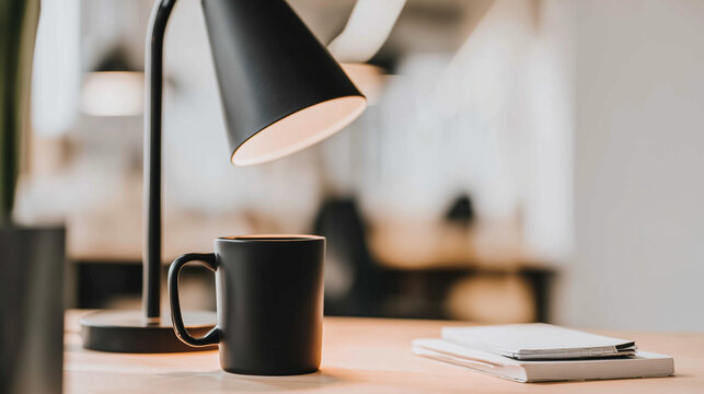 A developer's workstation with an empty notebook and coffee mug under soft desk lamp lighting.