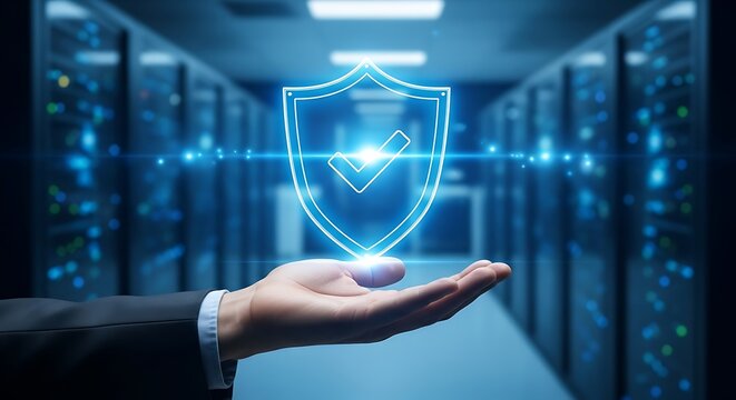 Hand holding glowing shield symbolizing cybersecurity and data protection