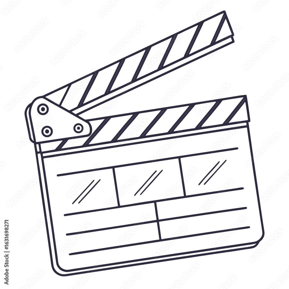 Poster simple line art drawing of an open movie clapperboard ready for filming action