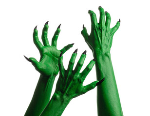 Creepy monster. Green hands with claws isolated on transparent png