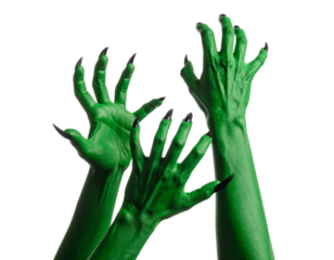 Creepy monster. Green hands with claws isolated on transparent png