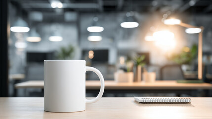 A developer's workstation with an empty notebook and coffee mug under soft desk lamp lighting.