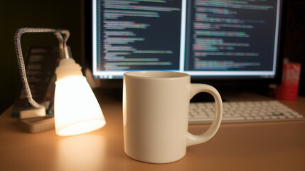 A developer's workstation with an empty notebook and coffee mug under soft desk lamp lighting.