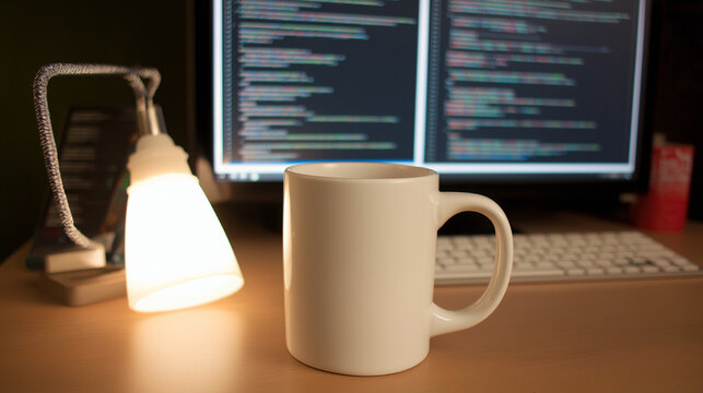 A developer's workstation with an empty notebook and coffee mug under soft desk lamp lighting.
