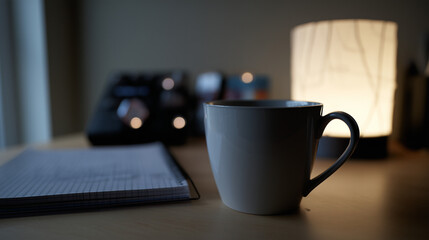 A developer's workstation with an empty notebook and coffee mug under soft desk lamp lighting.