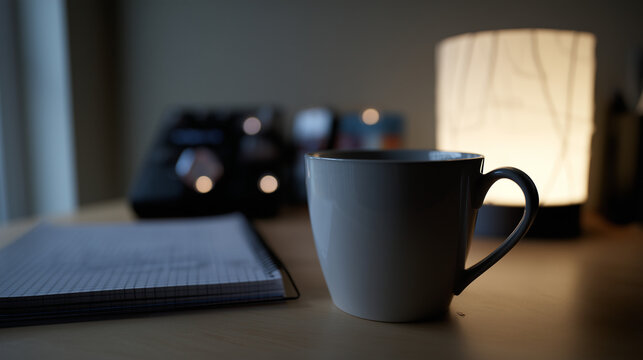 A developer's workstation with an empty notebook and coffee mug under soft desk lamp lighting.