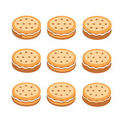 A collection of nine isometric sandwich cookies with chocolate and cream filling variations