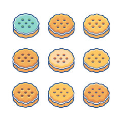 A collection of sweet sandwich cookies with cream filling and chocolate chip accents