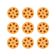 A grid of nine round chocolate chip cookies on a black background