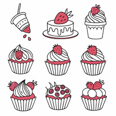 Charming hand drawn strawberry desserts collection featuring cupcakes and a delightful cake