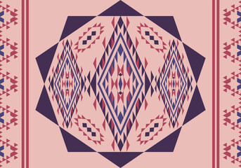 Seamless geometric textile pattern light pink background with diamond, triangle, and zigzag motifs, showcasing cultural elegance in vibrant, symmetrical arrangements.