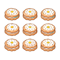 Nine cartoon style sandwich cookies with white icing and sprinkles on a black background