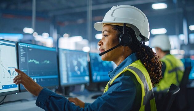 A female engineer attentively monitors data on a computer screen in a control room, wearing a helmet and headset