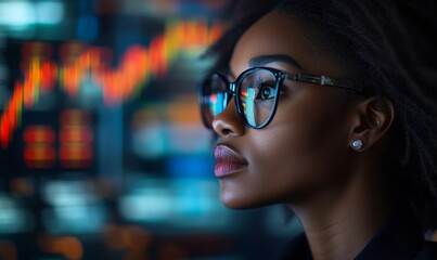 Side profile of a Black man analyzing AI stock market data. Artificial intelligence in cybersecurity and financial stock trading, Generative AI