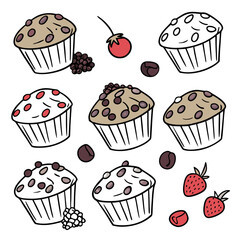 A collection of deliciously drawn muffins featuring berries and coffee beans