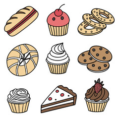 A collection of delicious baked goods including cupcakes cookies cake and bread