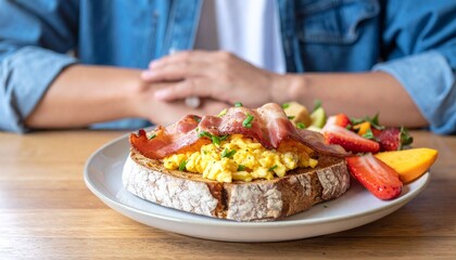 Delicious breakfast toast with scrambled eggs, bacon, and fresh fruits on a plate