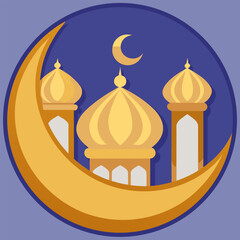 An ethereal golden crescent moon gracefully illuminates the domes of a mosque creating a serene and spiritual islamic night scene