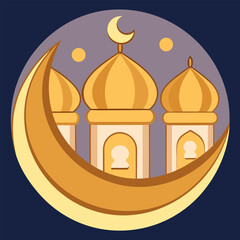 Serene islamic night scene featuring a glowing crescent moon illuminating the golden domes of a mosque evoking peace and spirituality