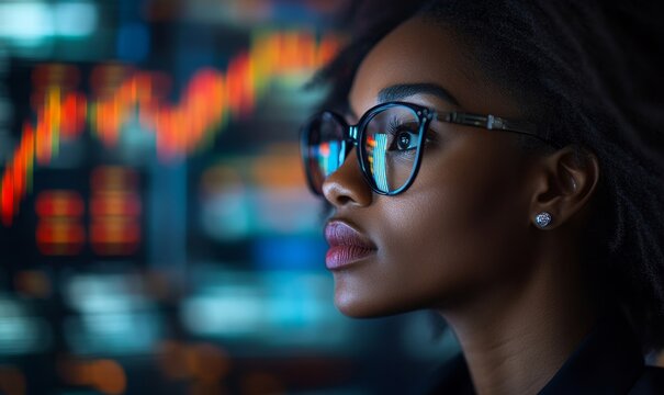 Side profile of a Black man analyzing AI stock market data. Artificial intelligence in cybersecurity and financial stock trading, Generative AI - Powered by Adobe