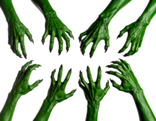 Creepy monster. Green hands with claws isolated on transparent png
