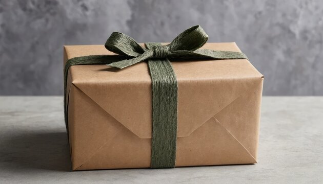 Brown Paper Gift Box Tied with Green Twine Bow present