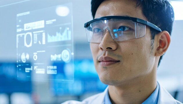 An Asian man examining a holographic display through his smart glasses. He's working in a futuristic laboratory, surrounded by digital interfaces. - Powered by Adobe