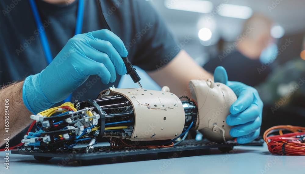 Poster engineer working meticulously on a complex robotic arm, showcasing precision and technological advan