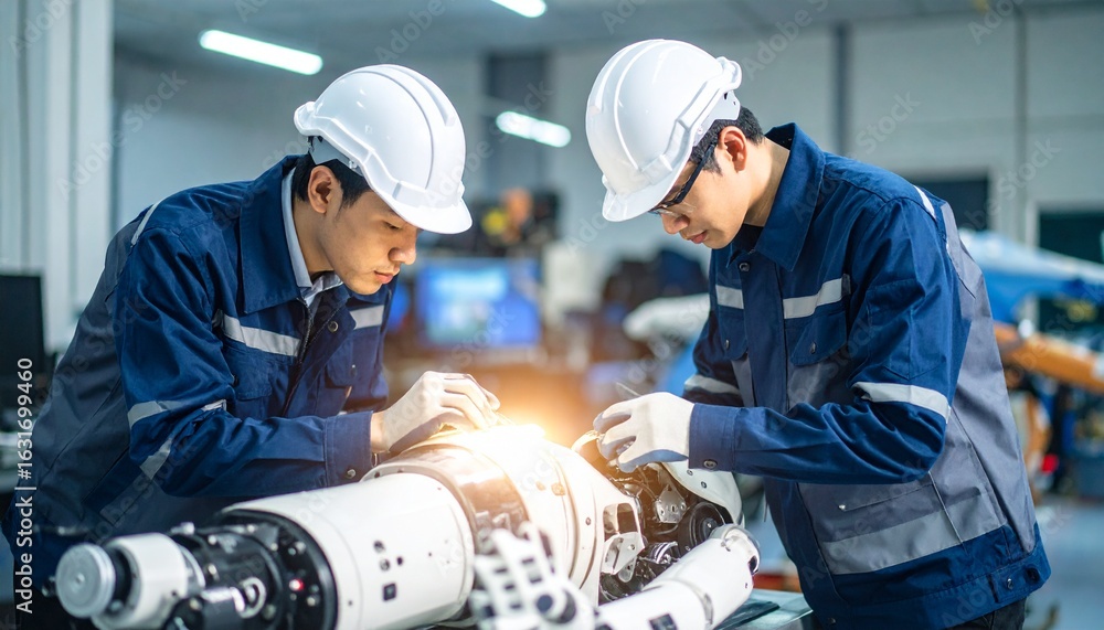 Poster two engineers collaborating and inspecting an automated machine inside a workshop. both engineers ar