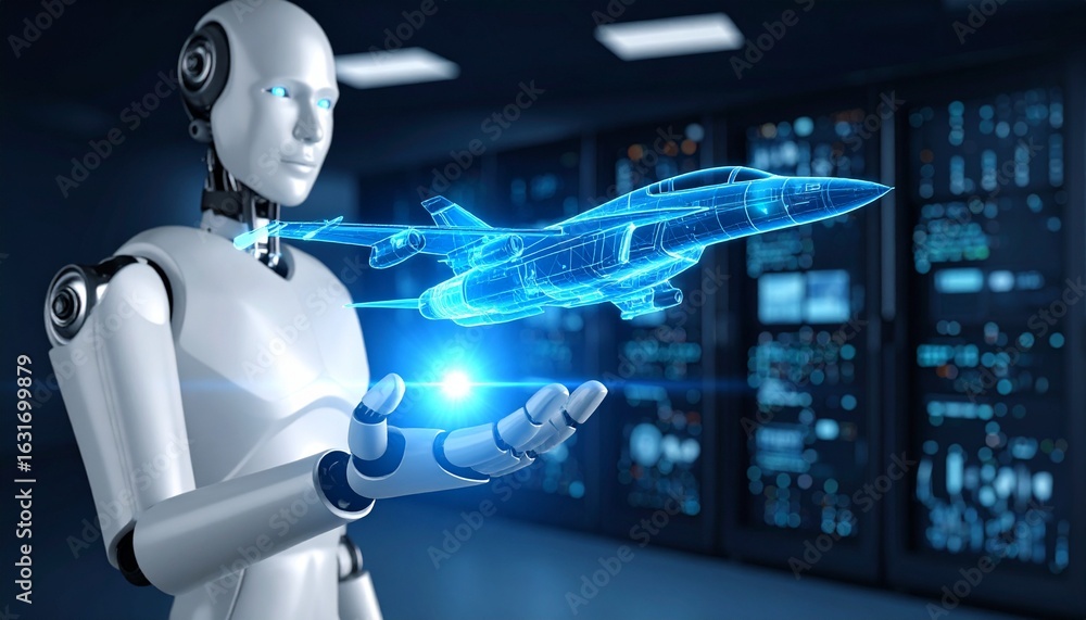 Poster an ai robot holding a hologram airplane in a high-tech environment, representing innovation and tech