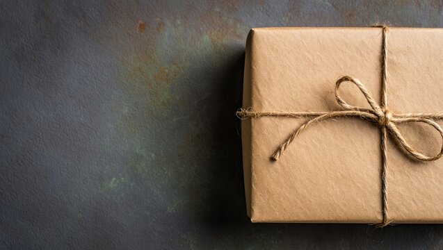 Brown paper package tied with twine on textured surface