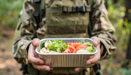 A soldier holds a tray of fresh salad outdoors during a meal break