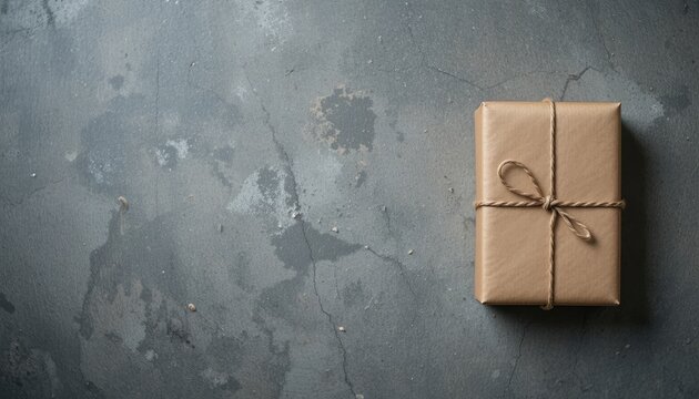 Brown Paper Wrapped Gift Box on Textured Concrete Surface