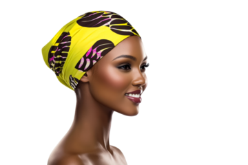 Elegant profile of a woman wearing a vibrant head wrap