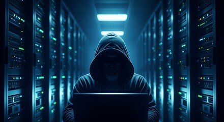 A hooded hacker is working on a laptop in a dark server room