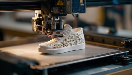 3D printed shoe, close-up.  Printed sneaker, white, intricate gold design, under printer nozzle