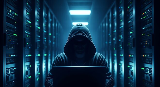 A hooded hacker is working on a laptop in a dark server room