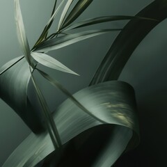 Elegant Abstract Metallic Ribbons and Green Plant Leaves Swirling Gracefully