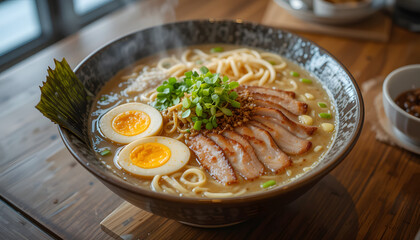 Delicious Bowl of Traditional Japanese Ramen with Egg, Seaweed, and Broth on Wooden Table – Authentic Asian Cuisine Food Illustration