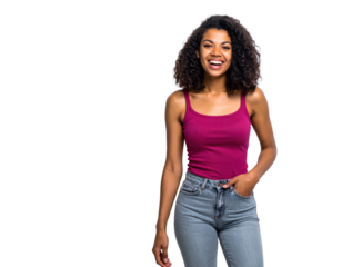 Joyful young woman with dark curly hair laughing wearing a magenta tank top and blue jeans posing with her hand in her pocket.