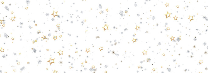 Festive winter background with gold and silver stars and snowflakes. Perfect for holidays.
