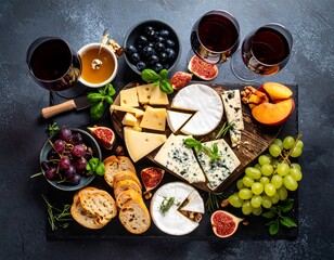 Top-down view of cheese and wine board with brie, camembert, sliced baguette, grapes, and wine glass, perfect for elegant gatherings and cozy, sophisticated moments.
