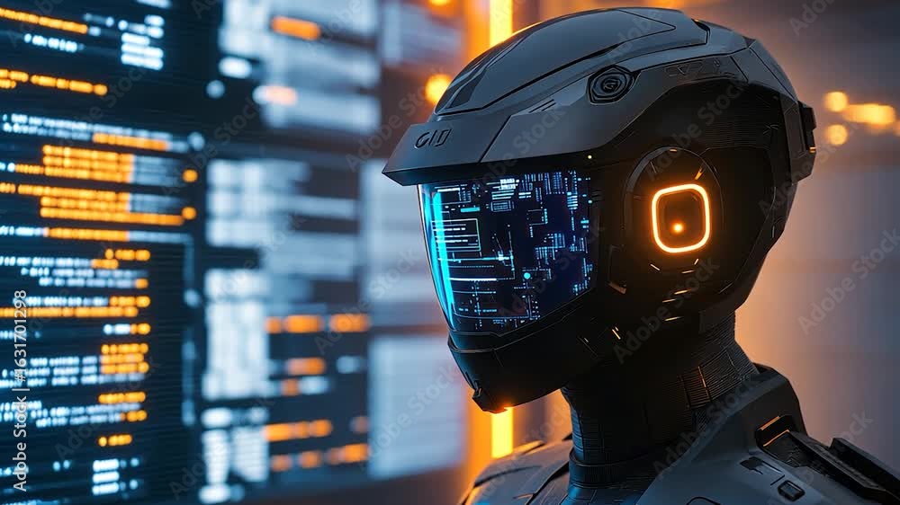 Poster futuristic robot head and glowing code display