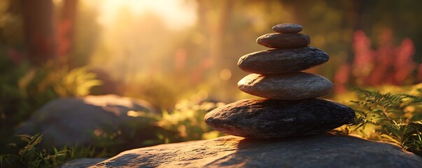 Zen balance stones with floating analytics in golden hour light