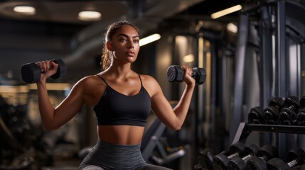 The woman lifting dumbbells showcases strength and determination in the gym environment.