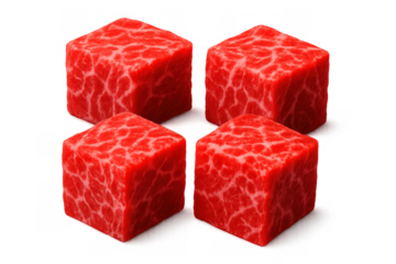 Cubic red meat portions revealing marbled fat texture, positioned against transparent backdrop
