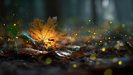 Sunlit maple leaf lies on a forest floor, scattered with bokeh orbs in warm sunlight