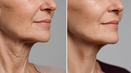 Obraz premium Before and After Facelift Comparison – Close-Up of Elderly Woman’s Lower Face and Neck Showing Reduction of Double Chin and Loose Skin, Emphasizing Jawline Definition and Skin Rejuvenation