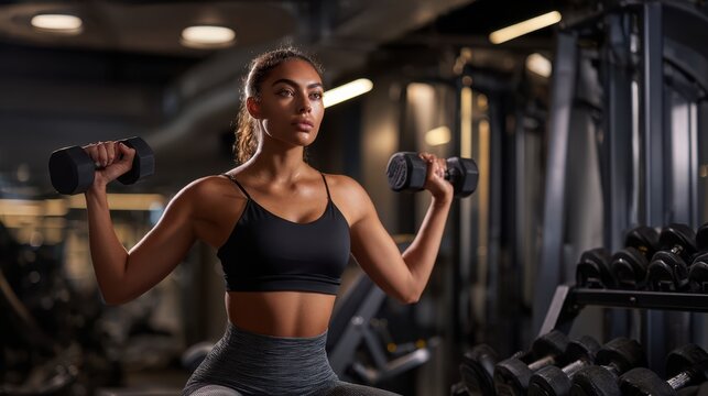 The woman lifting dumbbells showcases strength and determination in the gym environment.